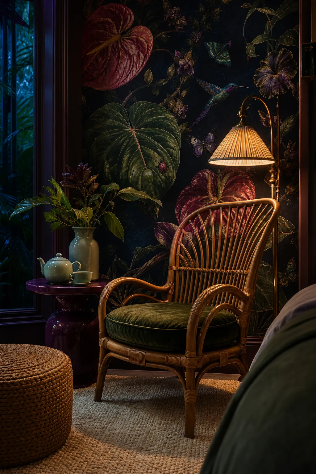 Atmospheric bedroom reading corner framed by moody jungle wallpaper