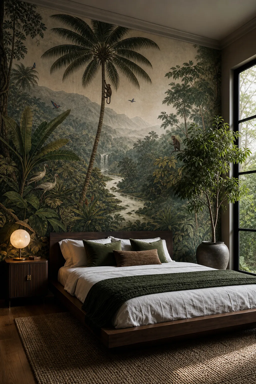 Moody jungle animal wallpaper creating a dramatic bedroom feature wall