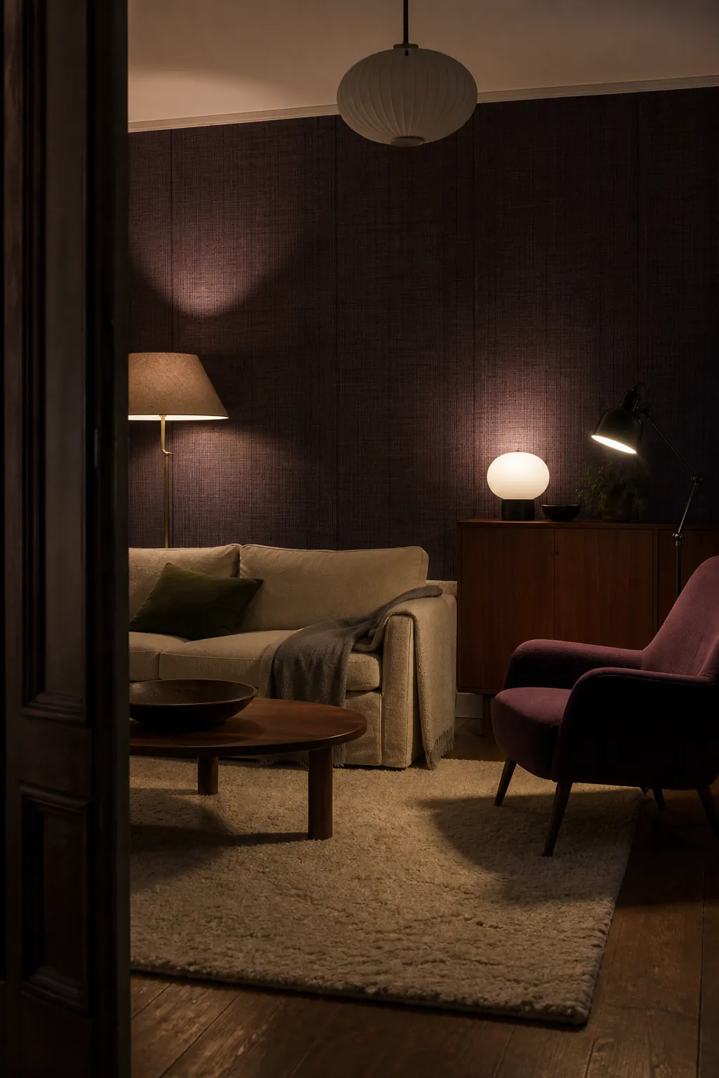 Moody living room wallpaper revealed by layered floor table and reading lamps