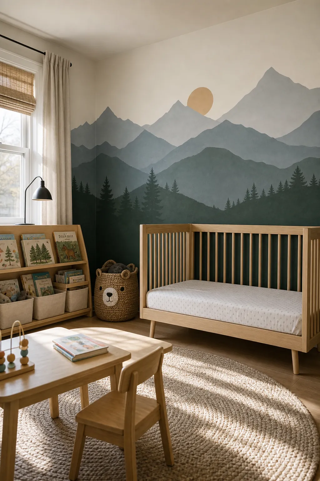 Woodland toddler room with layered mountain mural and nursery furniture that grows