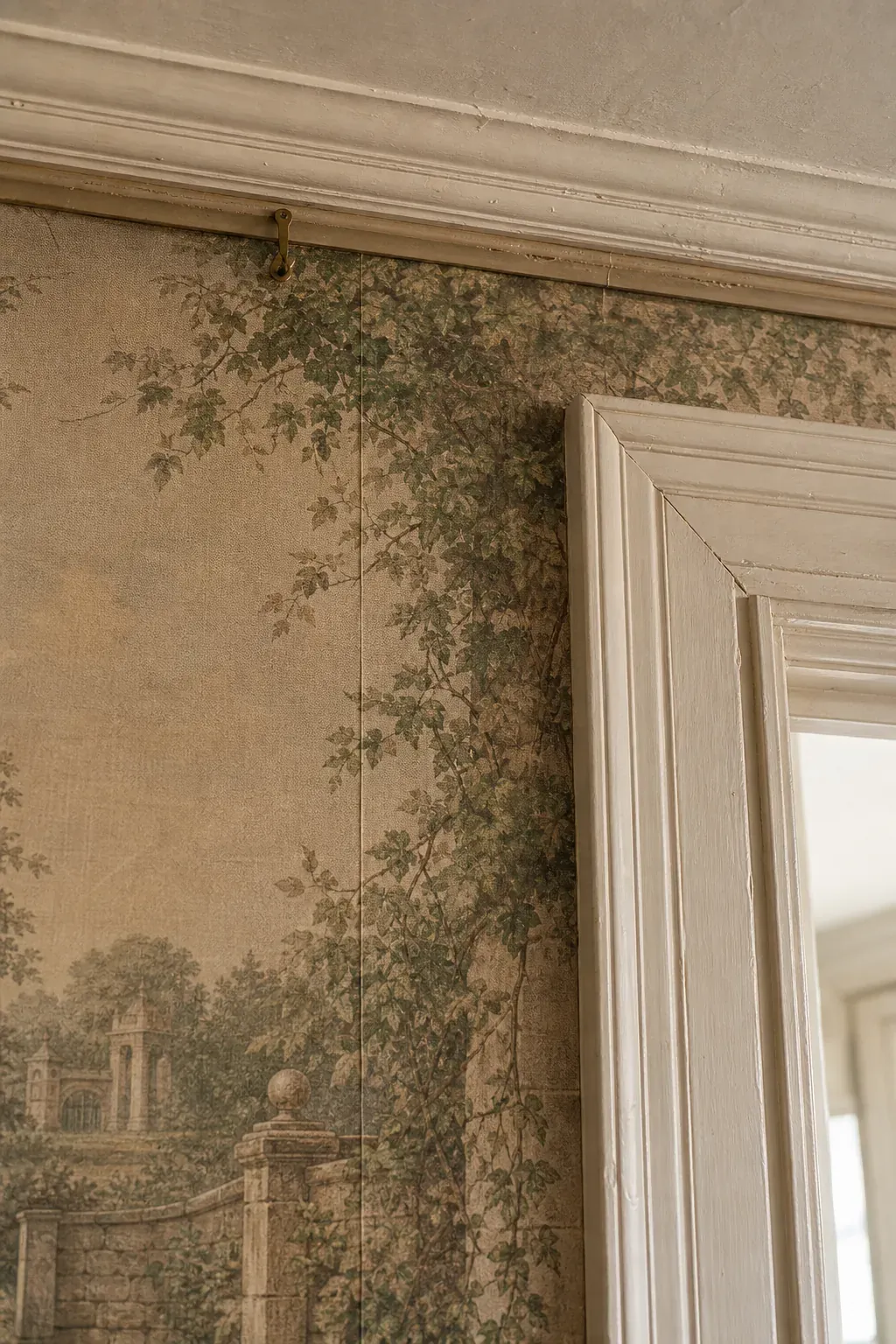Close detail of scenic mural wallpaper neatly trimmed around original molding
