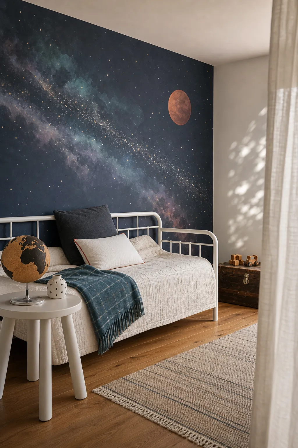 Kids bedroom with muted navy teal and terracotta galaxy mural wallpaper
