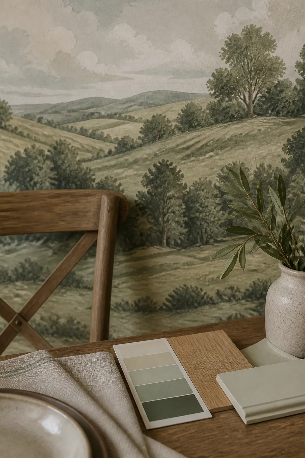 Muted pastoral wall mural detail with soft hills and dining room materials