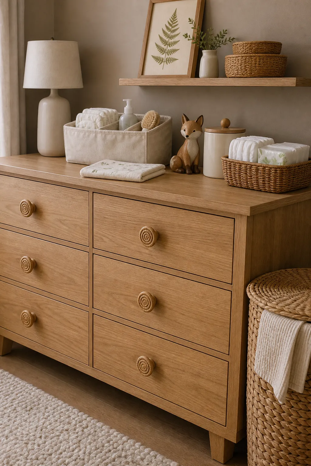 Woodland nursery dresser with rattan knobs and organized baby supplies