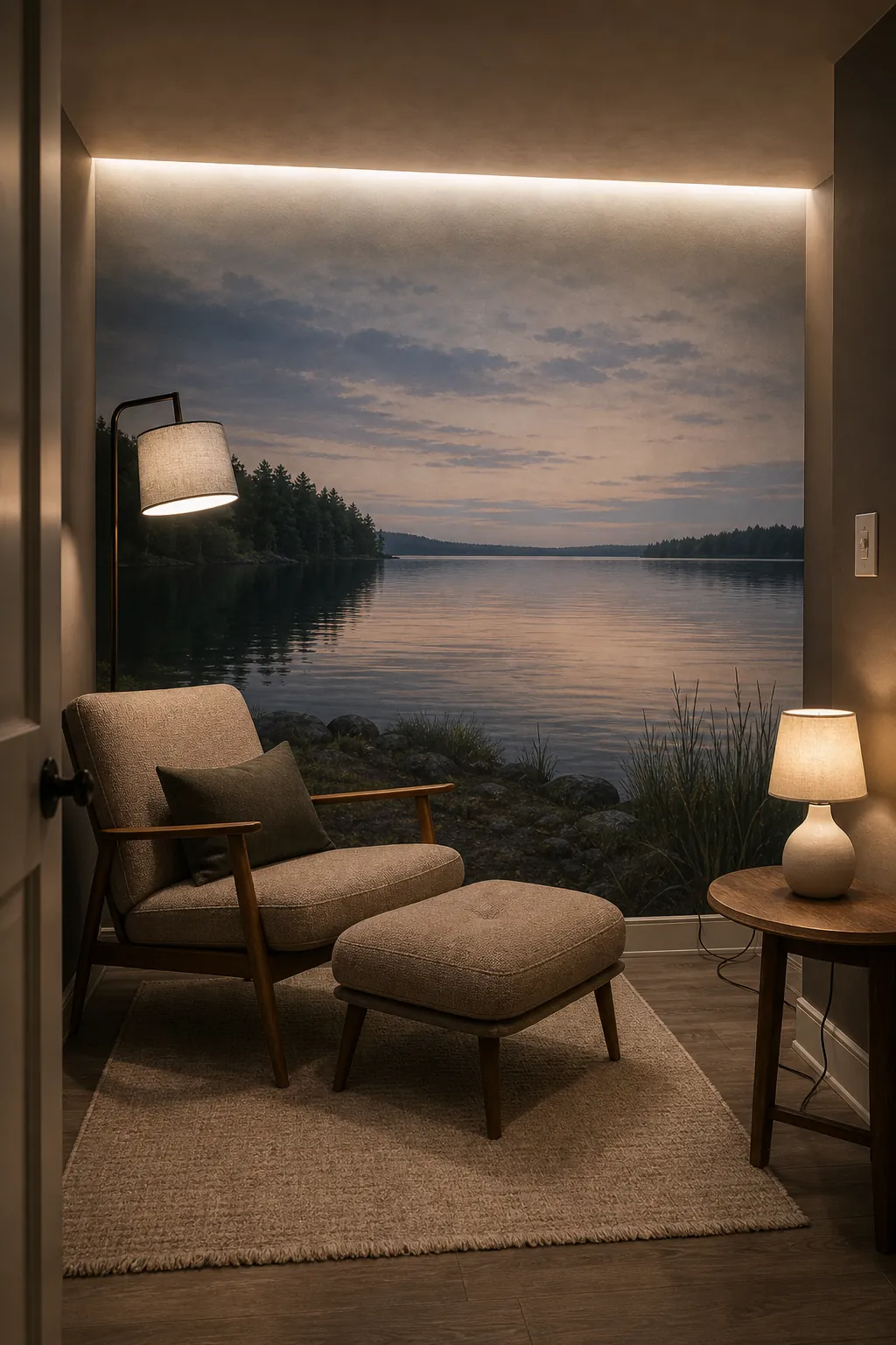 Nature wallpaper for a dark room supported by layered lamps and soft wall lighting