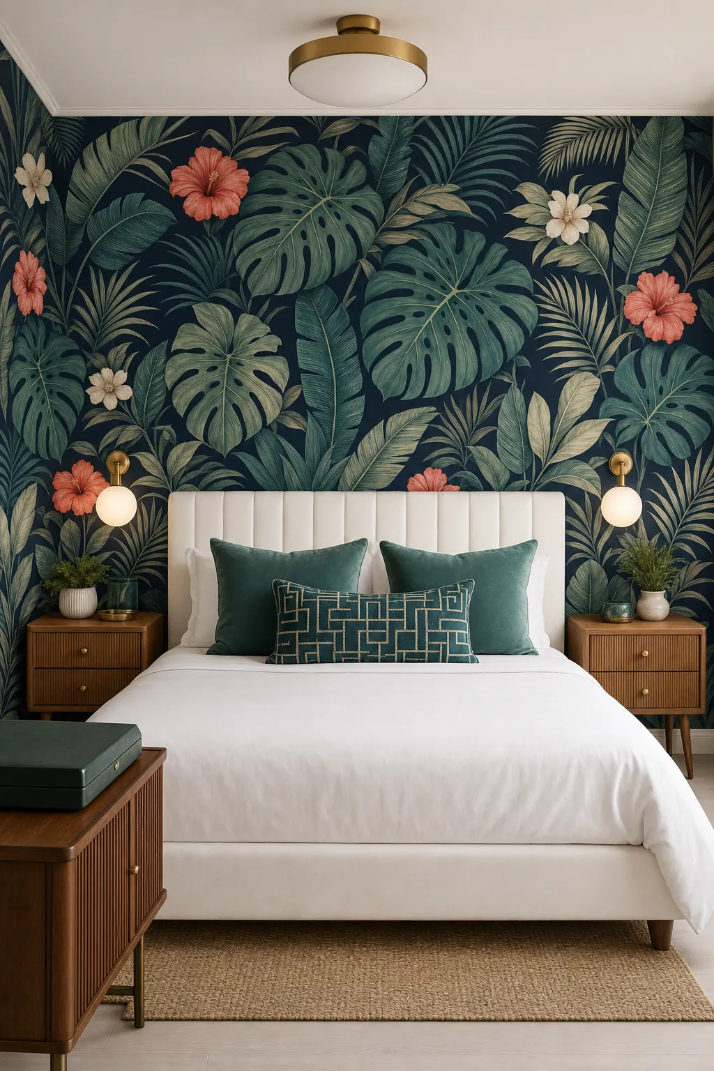 Bedroom with navy and teal tropical leaves paired with coral accents