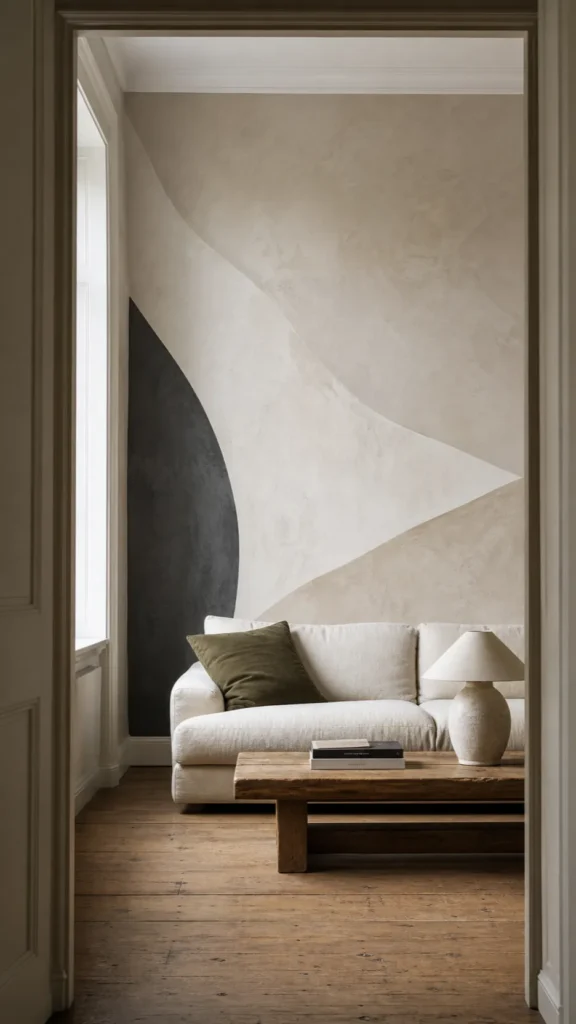 Warm neutral abstract wallpaper mural creating a quiet statement wall