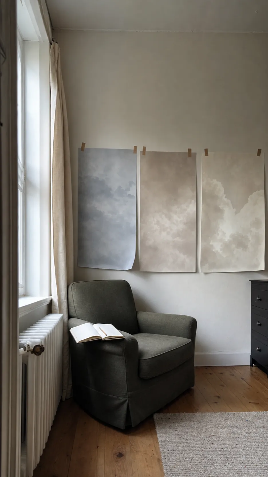 Neutral cloud wallpaper tested beside changing natural light