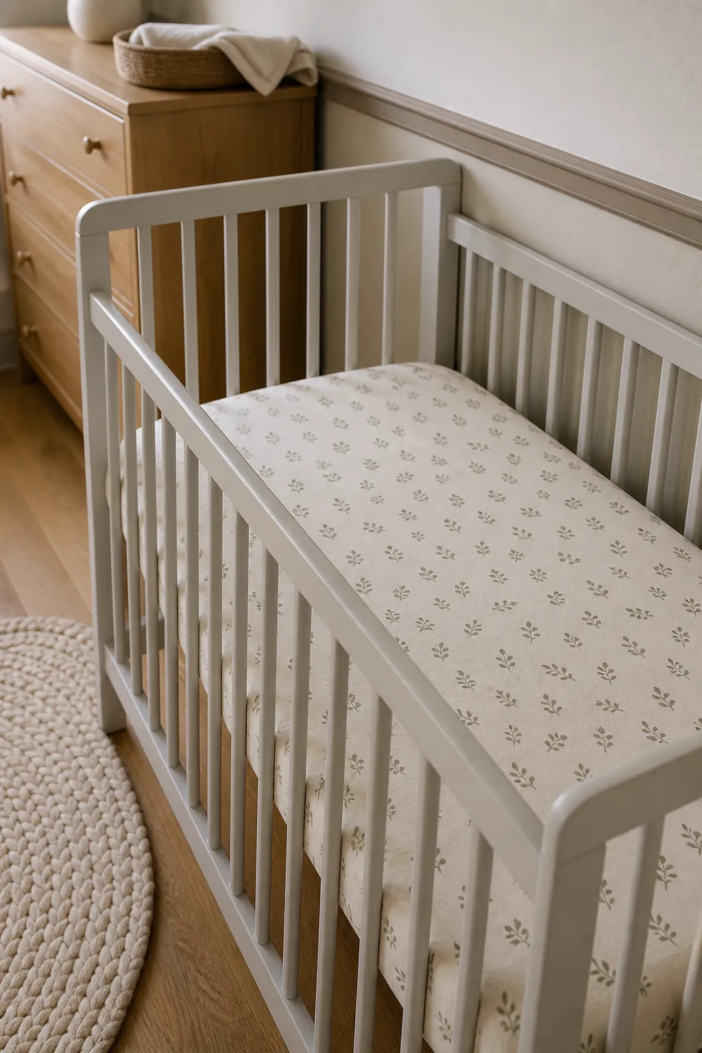 Safe woodland nursery crib with neutral fitted sheet and textured natural decor