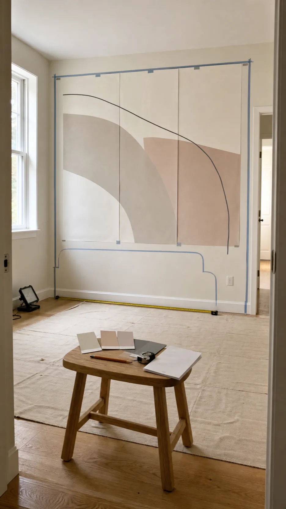 Neutral abstract mural samples tested at full wall scale with furniture placement