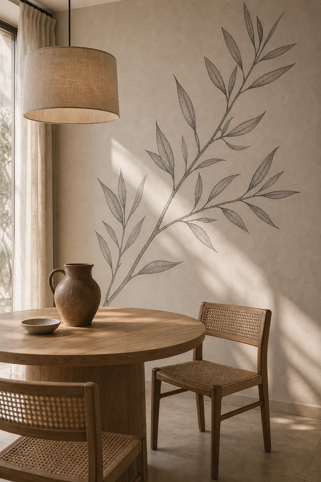 Neutral plant mural in a dining nook with charcoal branch line drawing and warm wood table