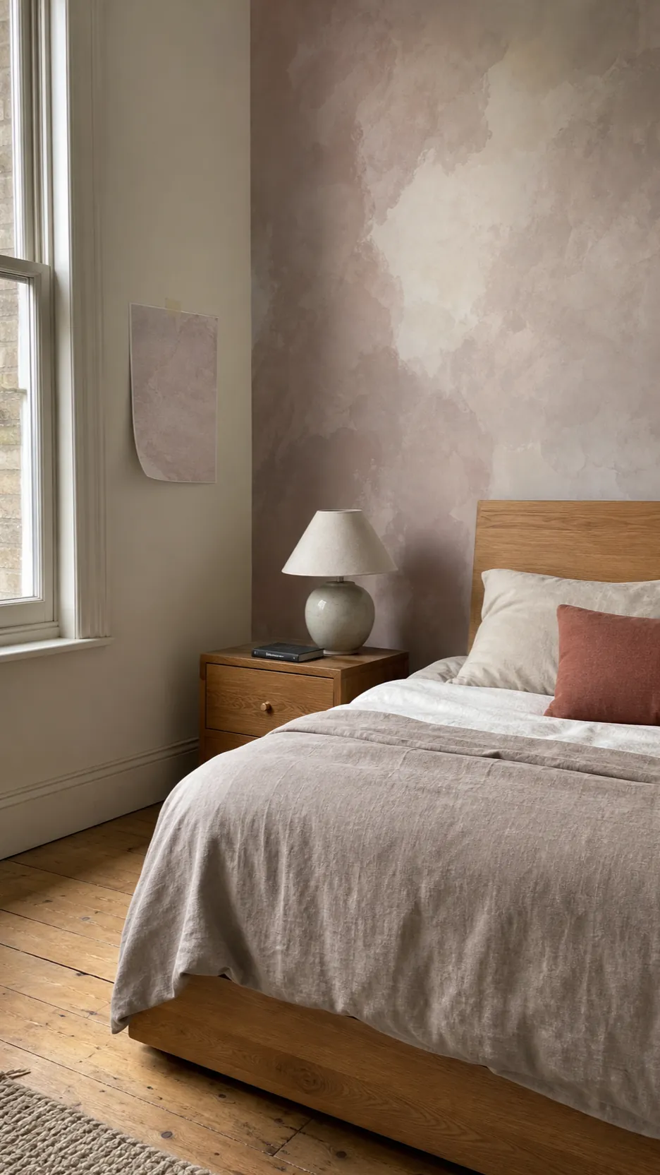 Neutral textured mural tested in soft bedroom daylight