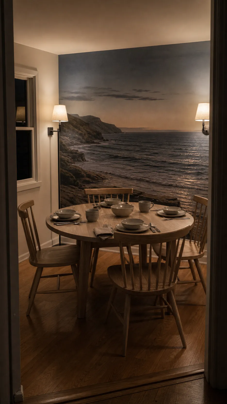 Ocean mural styling with layered evening lighting in a dining room