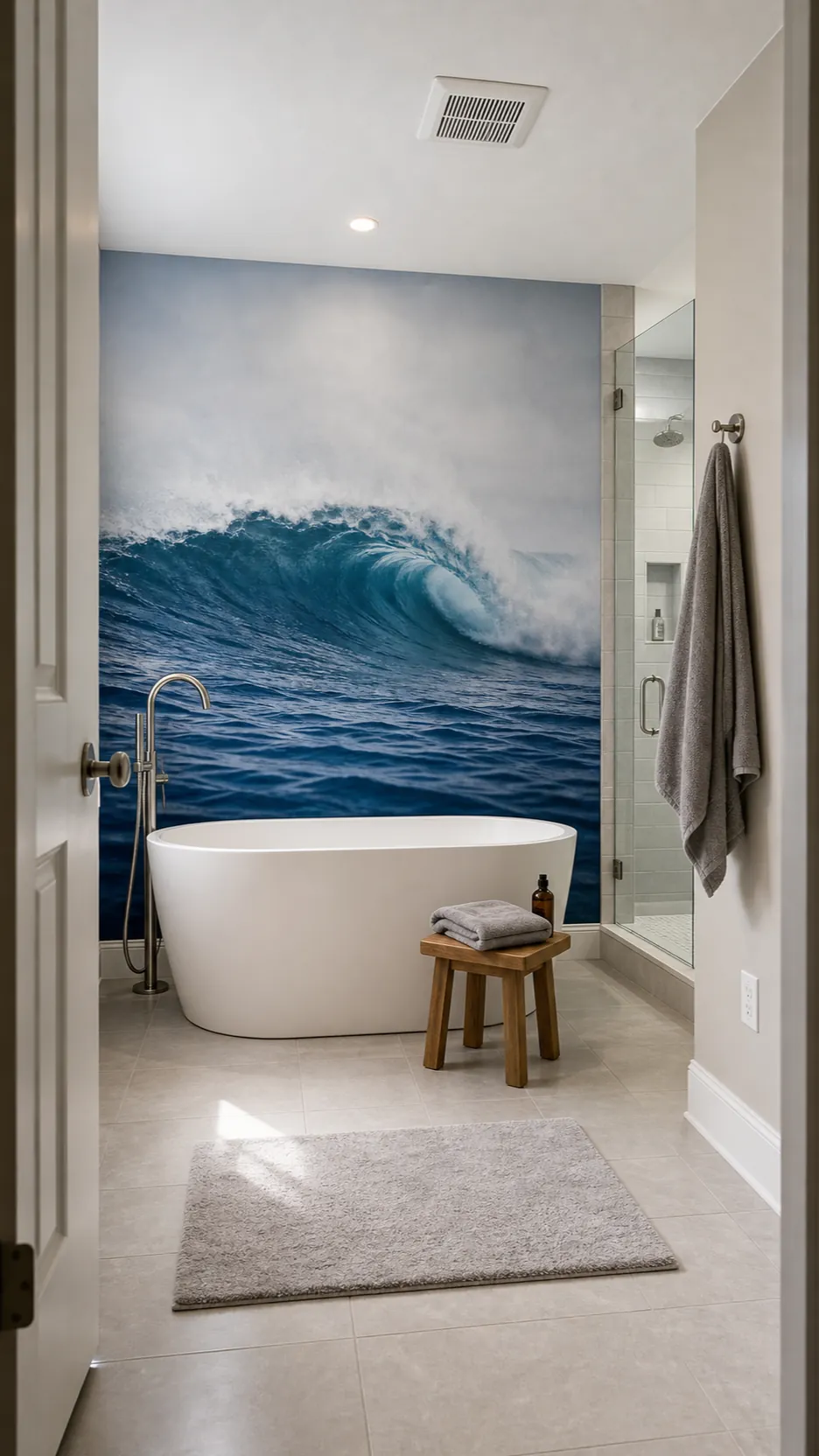 Ocean wave wall mural on a bathroom feature wall behind a freestanding tub