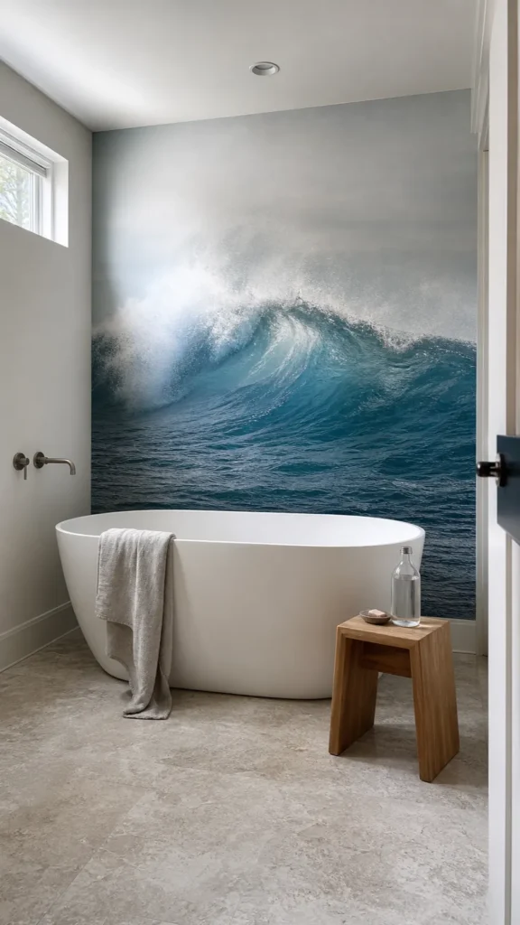 Ocean wave wall mural creating a serene blue spa bathroom