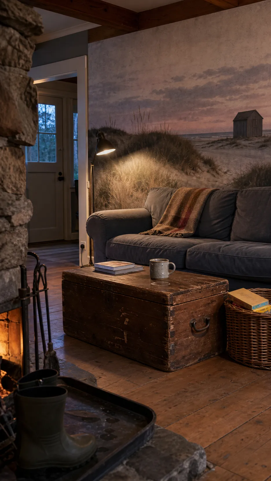 Comfortable lake cabin living room with an old world beach mural