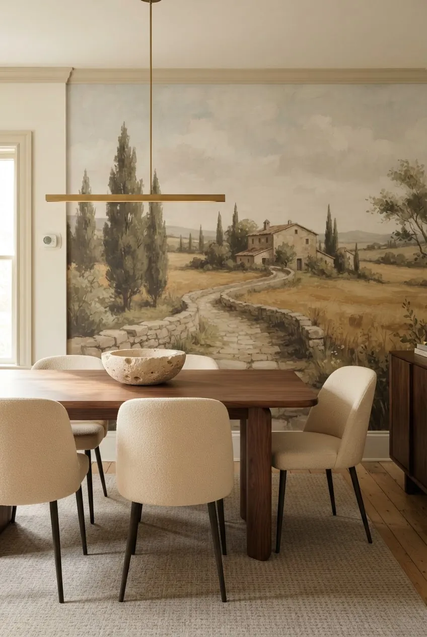 Old world landscape mural behind a modern dining table with warm wood and brass accents