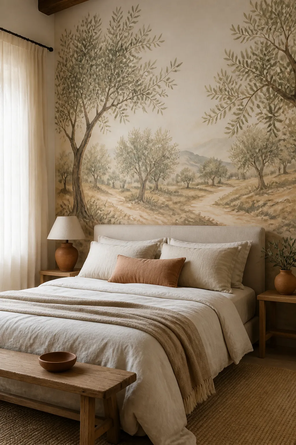 Olive grove wallpaper mural behind a warm neutral Mediterranean bedroom with terracotta and linen