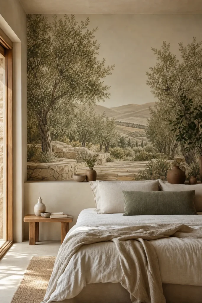Olive grove wallpaper mural in a warm neutral Mediterranean room with linen, wood, and terracotta accents