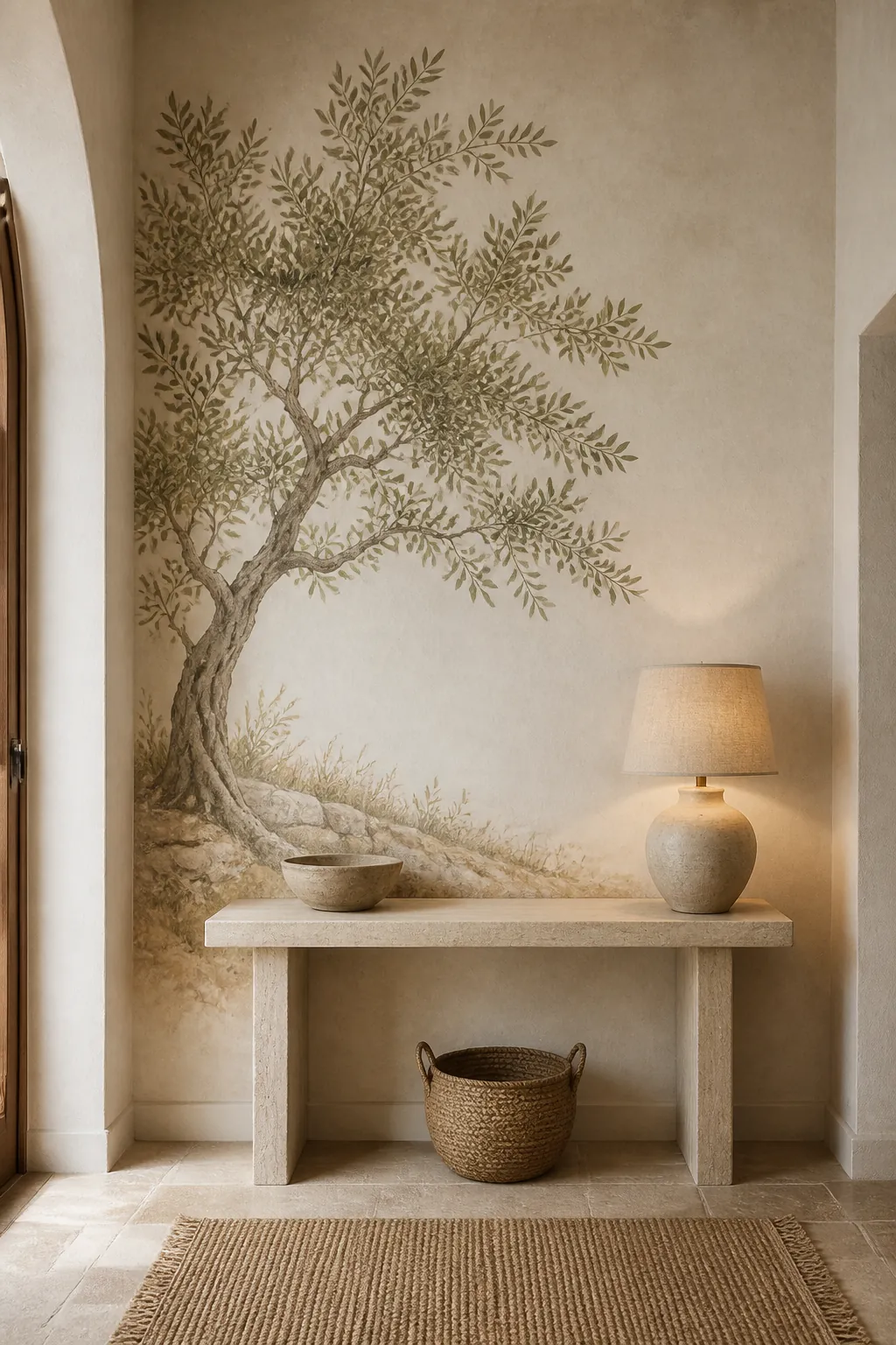 Olive tree wallpaper mural in a calm entryway with a stone console and warm neutral styling