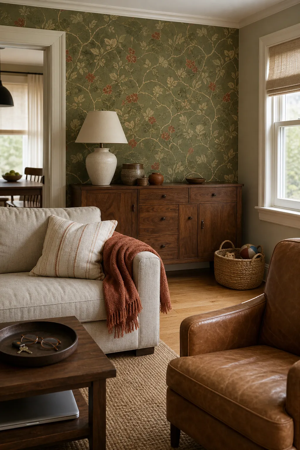 Olive green wallpaper living room styled with warm wood and rust textiles