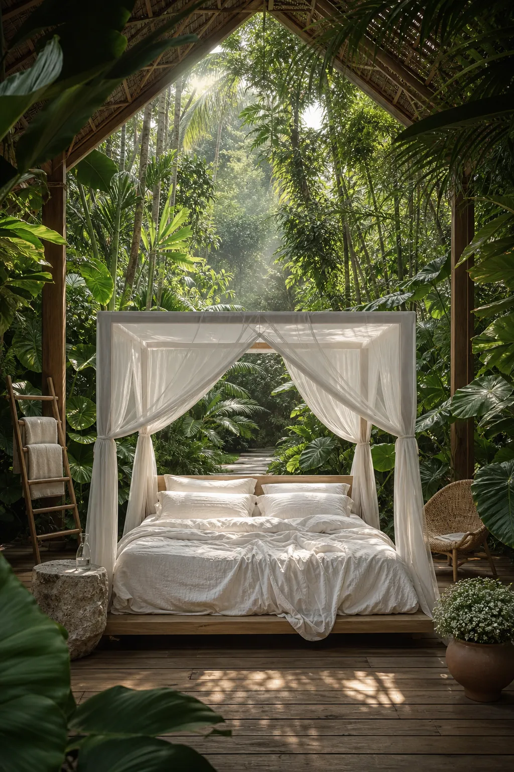 Bedroom with a panoramic rainforest mural creating an open-air view