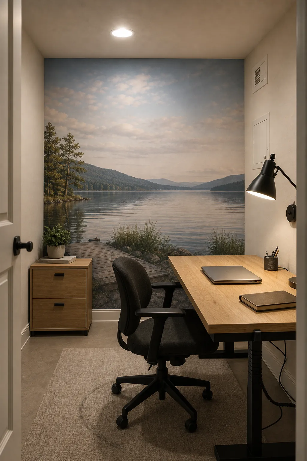 Outdoor view wall mural placed at the main sightline in a windowless home office
