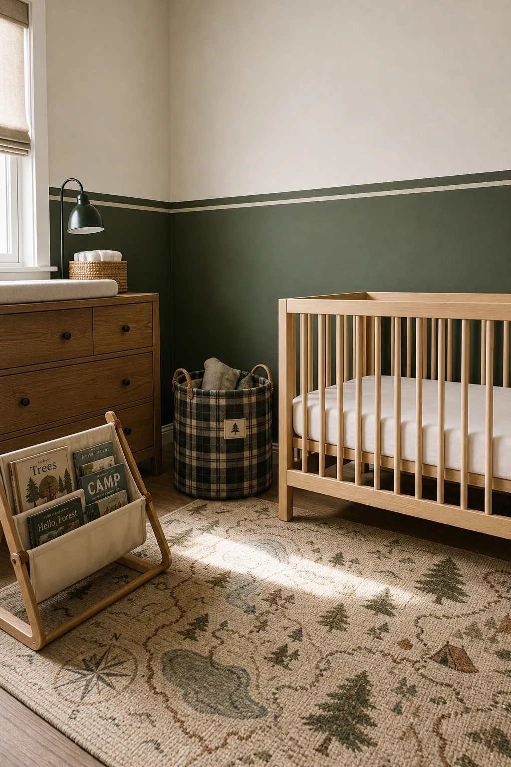Outdoorsy woodland nursery with safe camp inspired details and forest colors