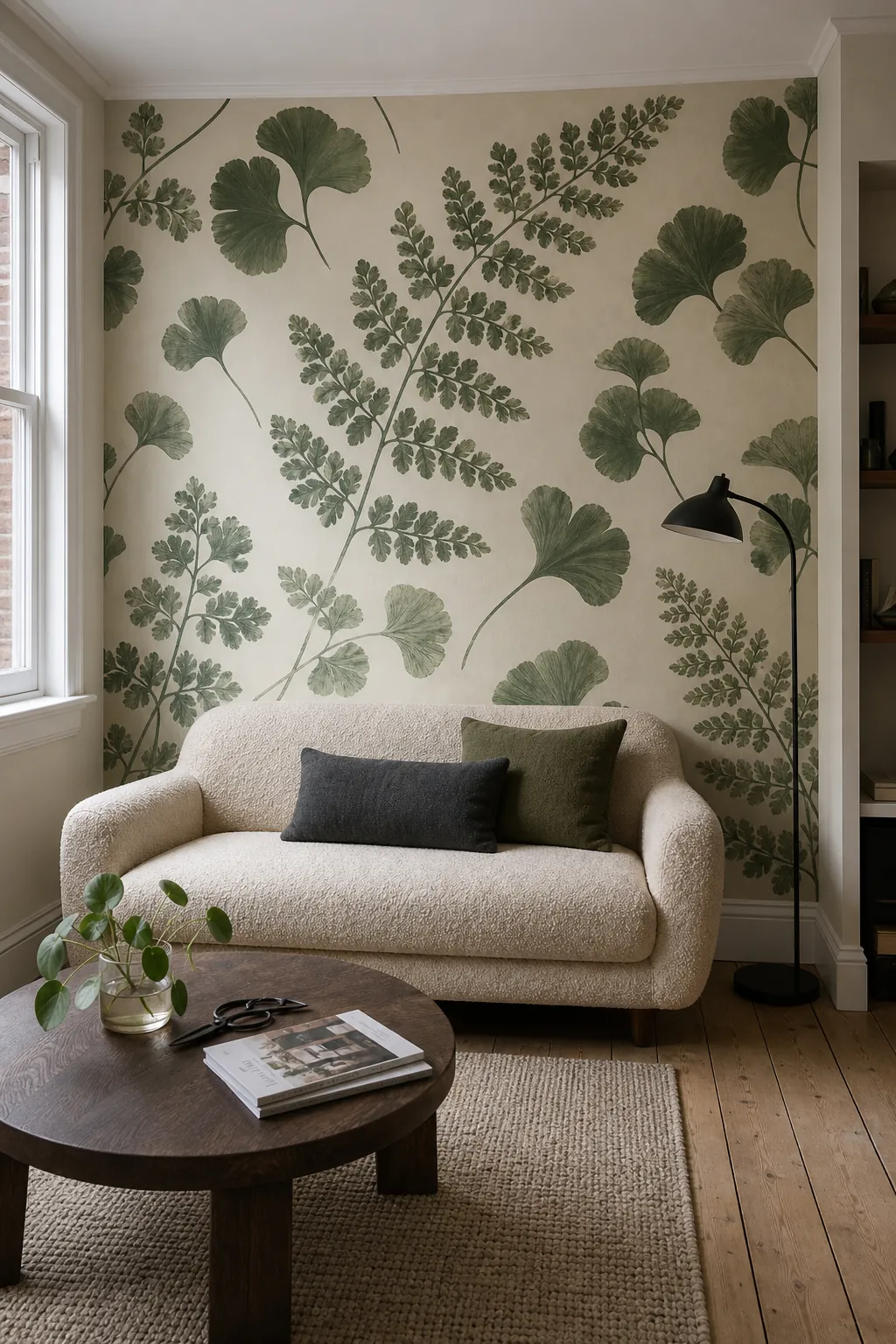 Oversized botanical green wallpaper on a living room feature wall behind a sofa