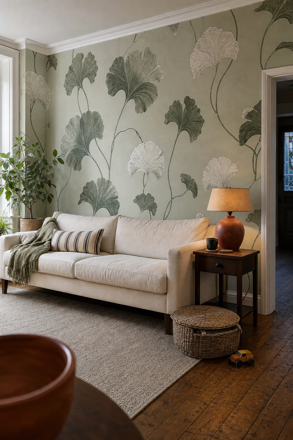 Living room with oversized botanical wallpaper and restrained cream upholstery