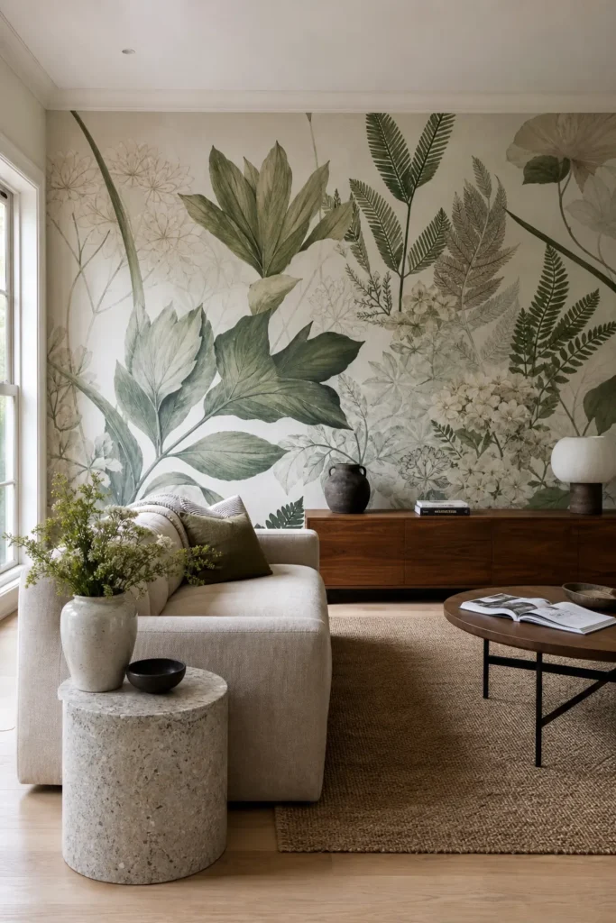 Oversized botanical wallpaper mural creating one dramatic hero wall in a refined living room