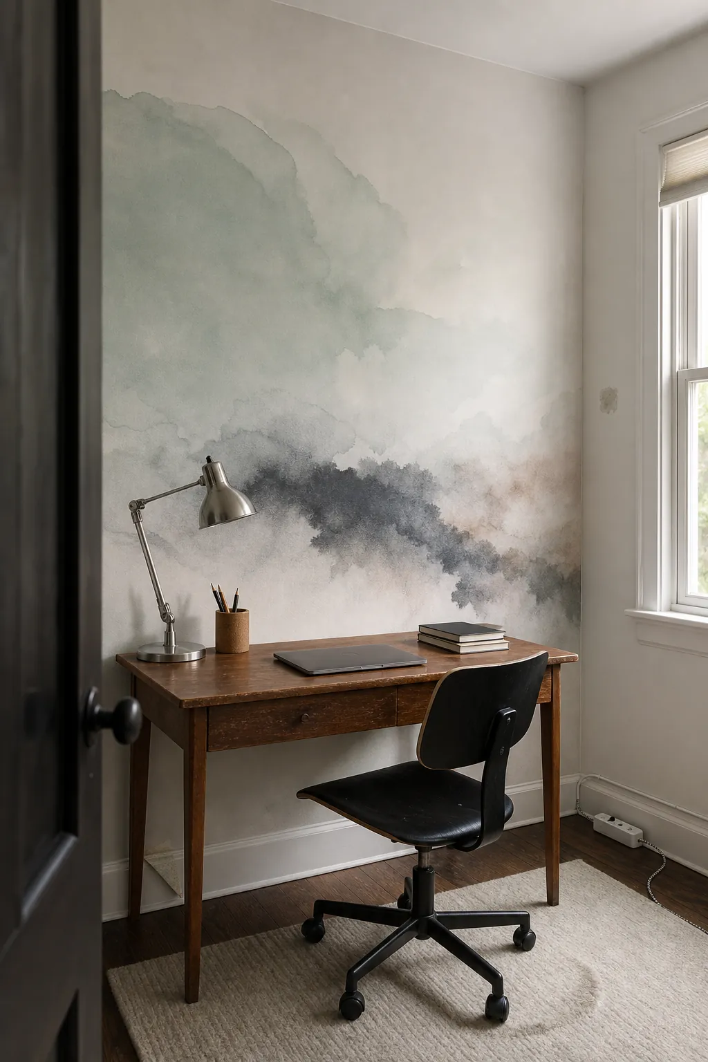 Painterly wall mural balanced by simple furniture with clear silhouettes and natural negative space