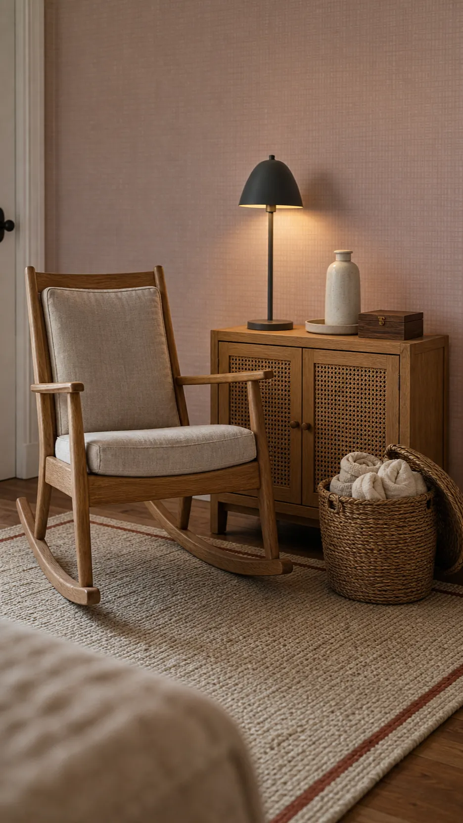 Pale pink wallpaper nursery balanced with linen, oak, wool, and woven storage textures