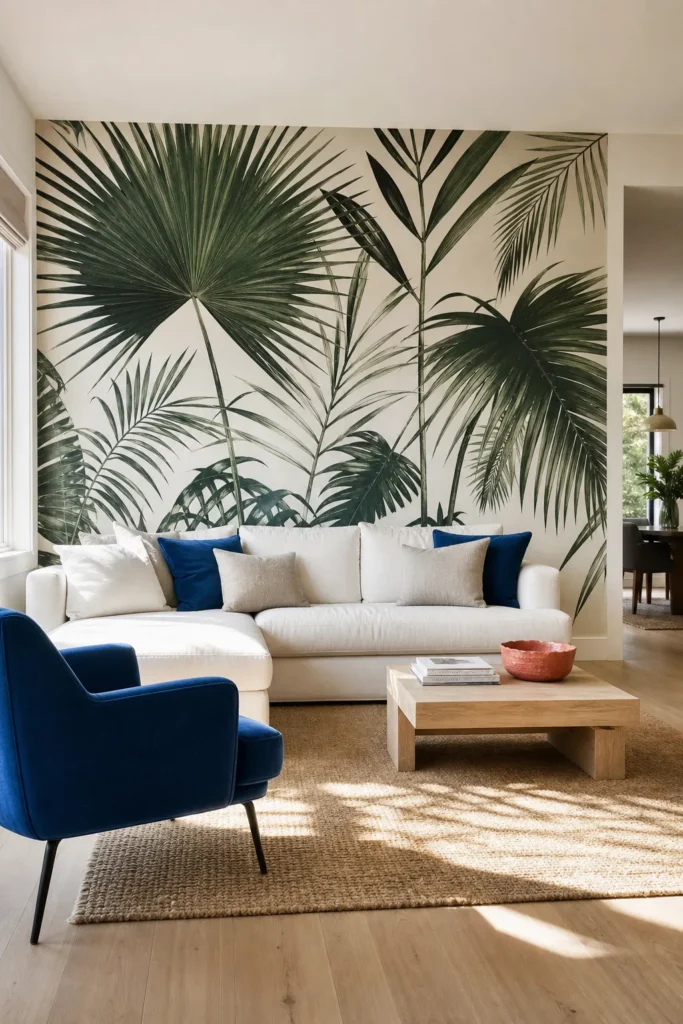 Palm leaf wall mural giving a bright neutral living room vibrant green energy