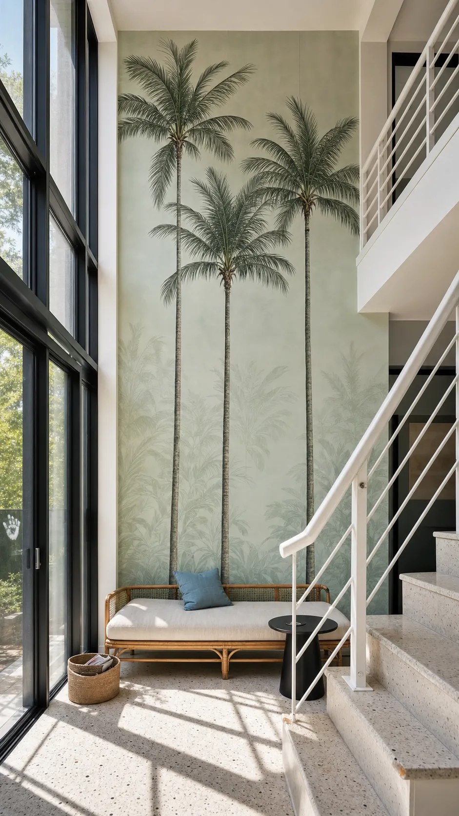 Large palm wallpaper mural scaled to a sunny room with tall windows