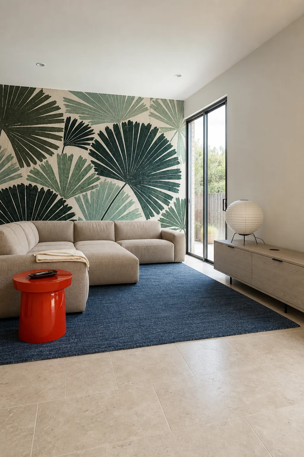 Palm tree mural wallpaper balanced with simple furniture and calm solid textiles