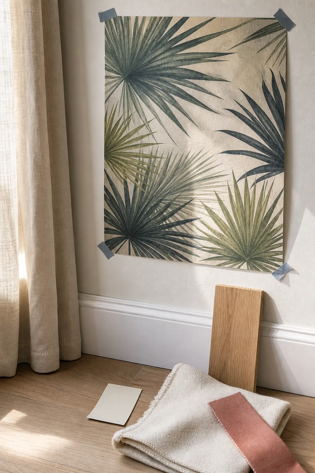 Palm leaf mural sample tested beside flooring, curtain, paint, and upholstery in daylight