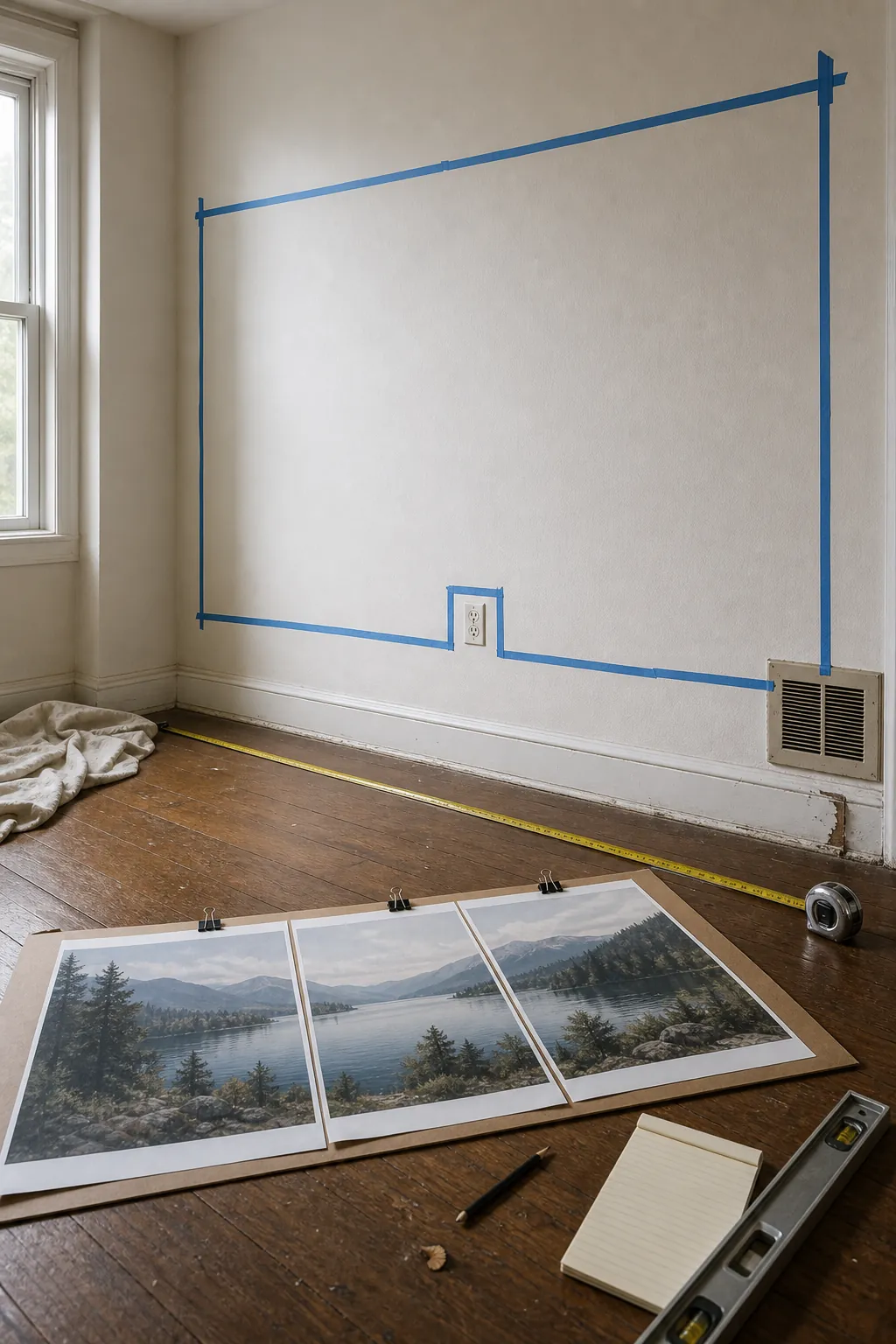 Panoramic landscape mural measurement notes showing crop margins outlets and furniture placement