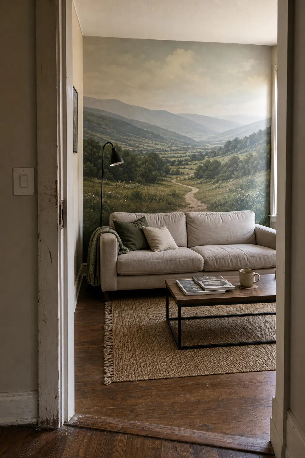 Panoramic landscape wallpaper mural aligned with a living room sightline to make the room feel deeper