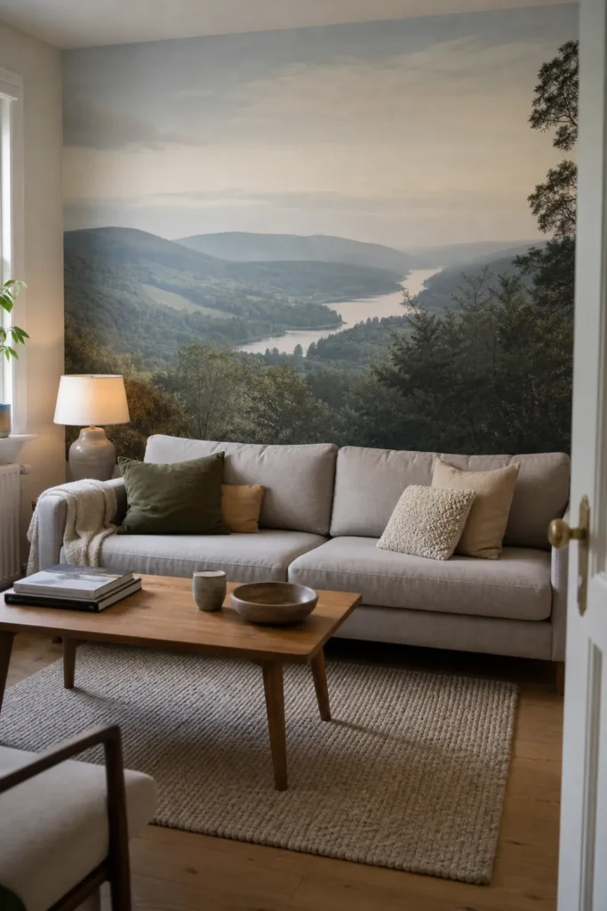 Panoramic landscape wallpaper mural creating a deeper feeling in a calm living room
