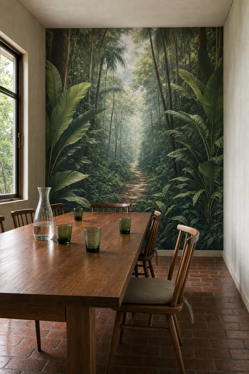 Panoramic dining room rainforest mural creating depth behind natural wood furniture