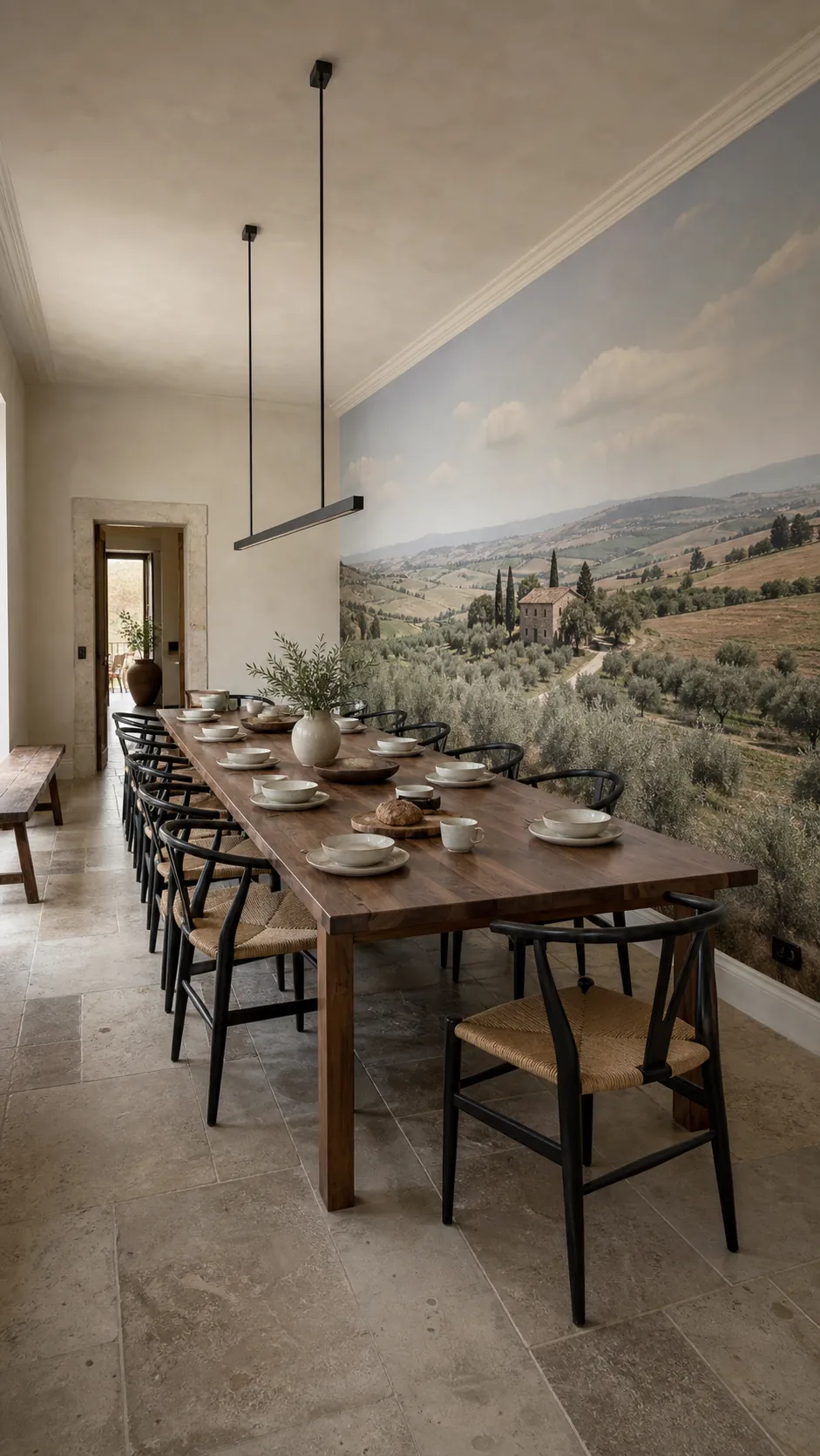 Long dining table aligned with a panoramic valley mural at seated eye level