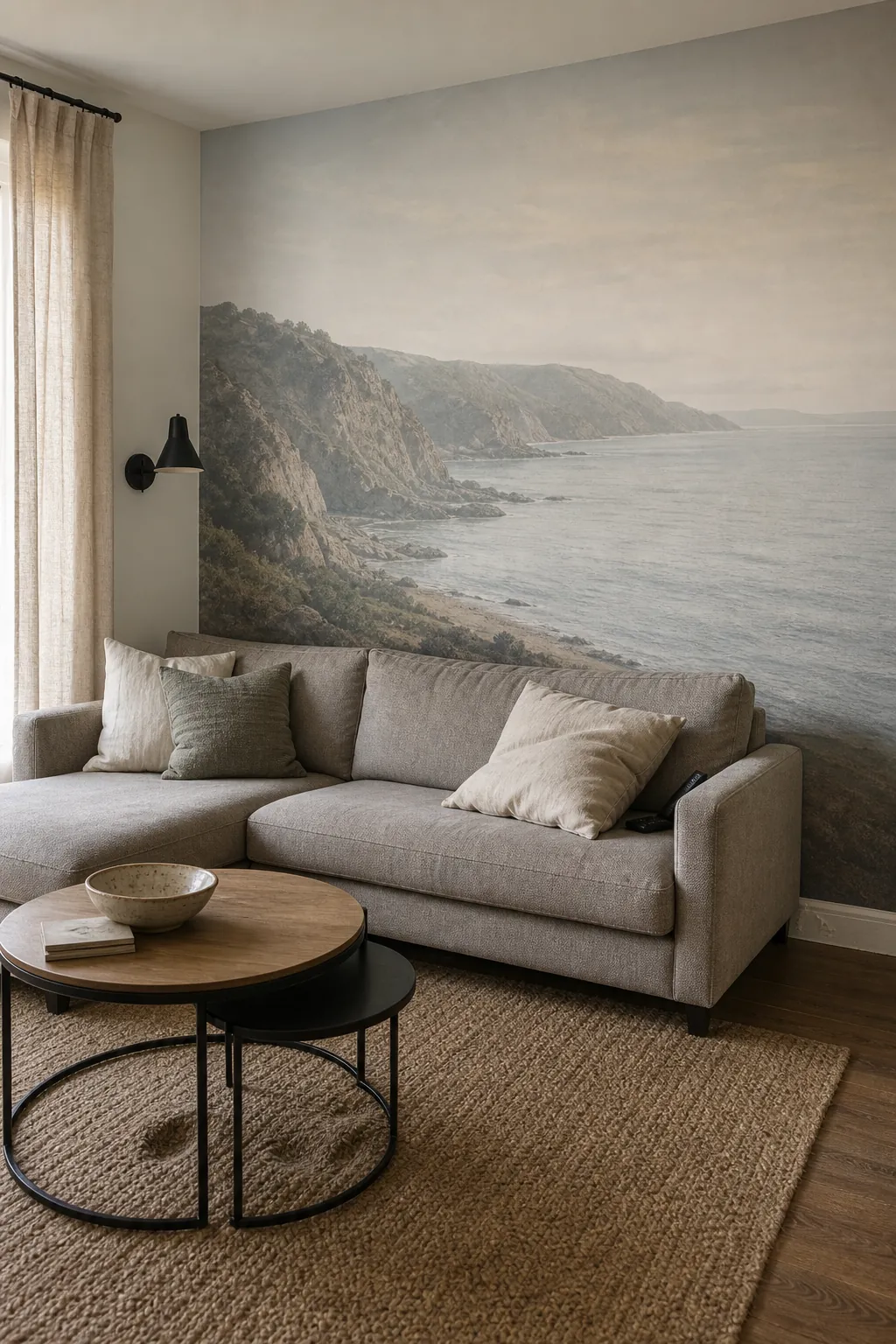 Panoramic wall mural with calm large scale landscape detail behind compact living room furniture