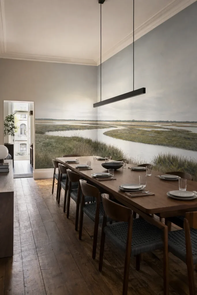 Panoramic wallpaper mural extending behind a long dining table