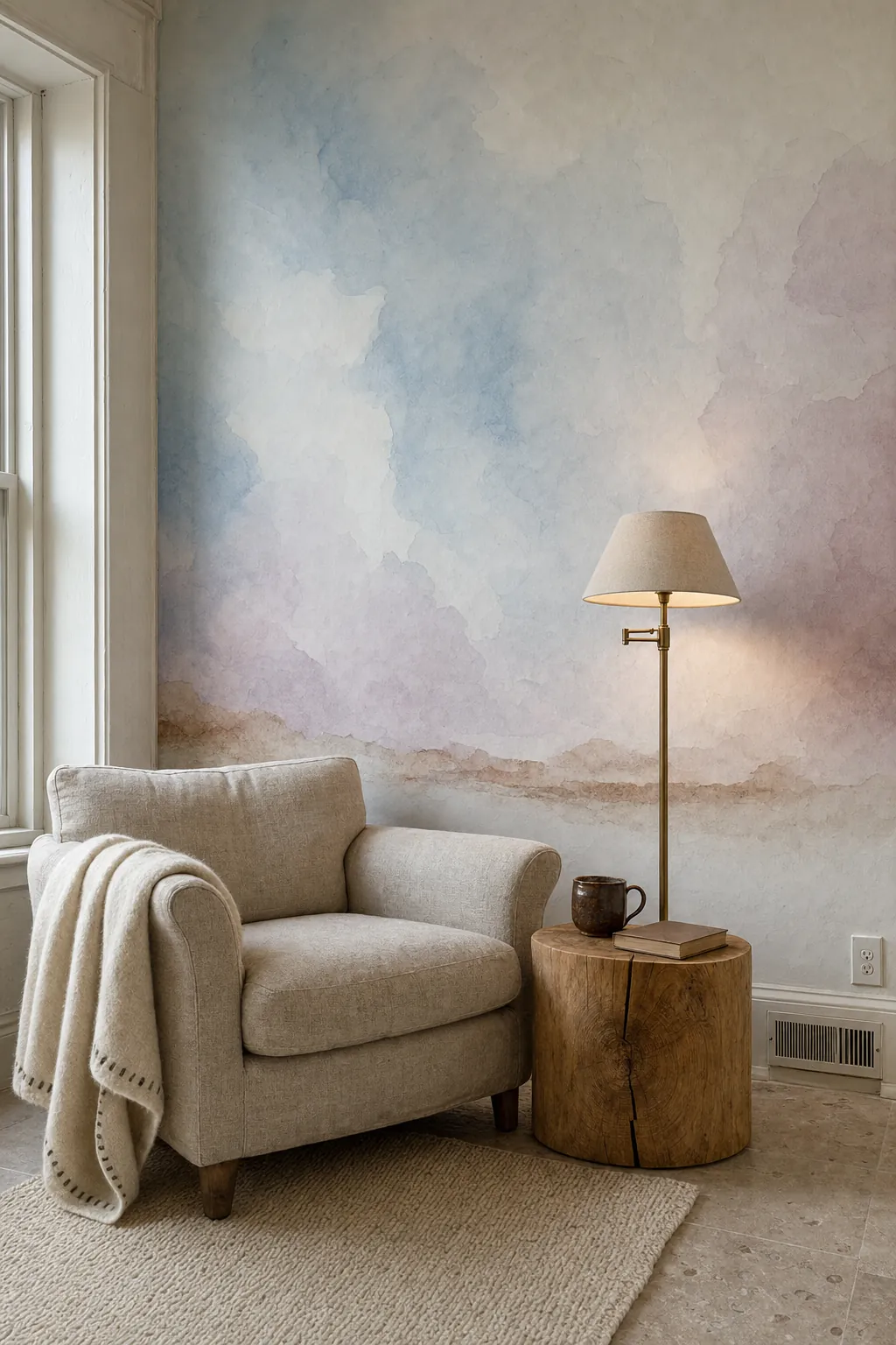 Pastel wall mural styled with linen oak wool and handmade ceramic textures
