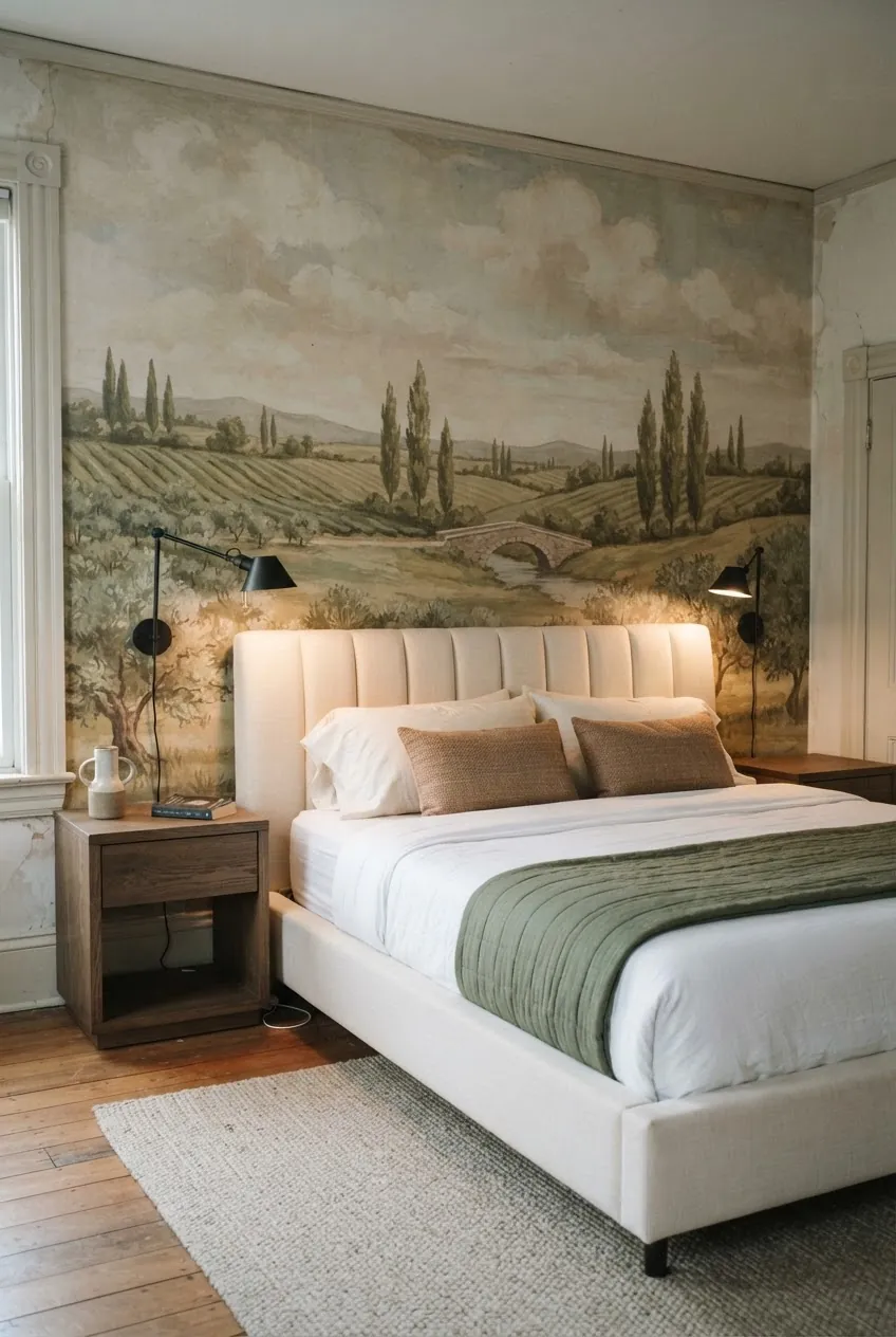 Pastoral wallpaper mural in a bedroom with an edited old world color palette and modern bed