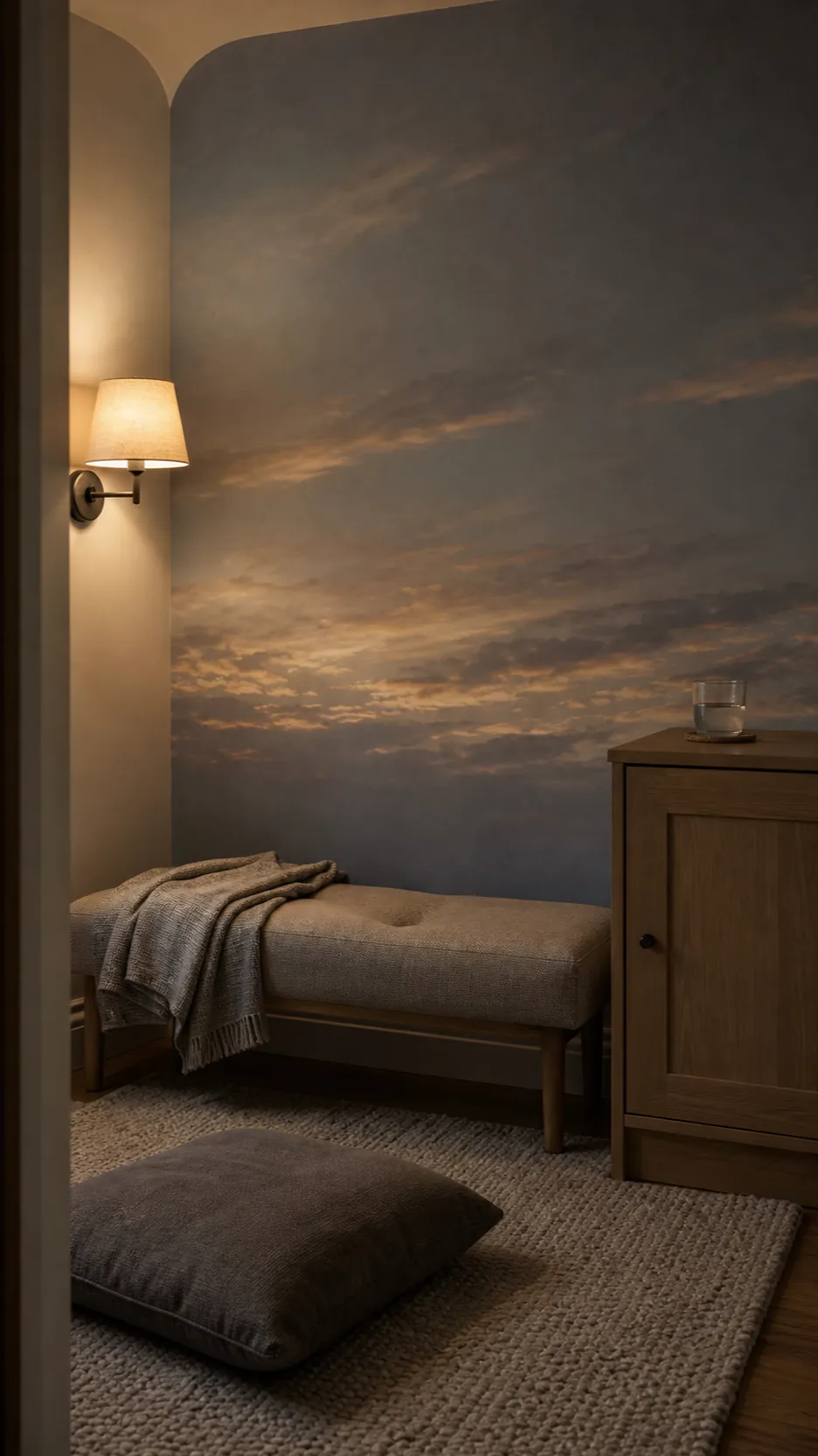 Peaceful cloud mural with grounded furniture in soft evening light