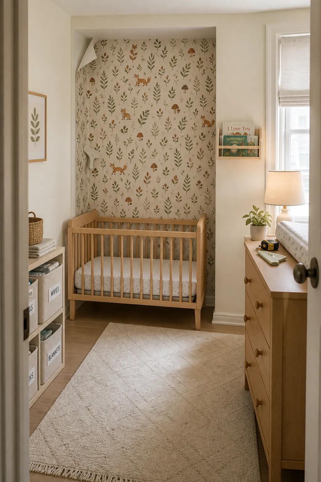 Renter friendly peel and stick woodland nursery corner with removable forest wallpaper
