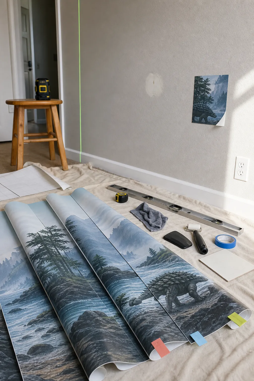 Peel and stick dinosaur mural panels prepared for careful installation