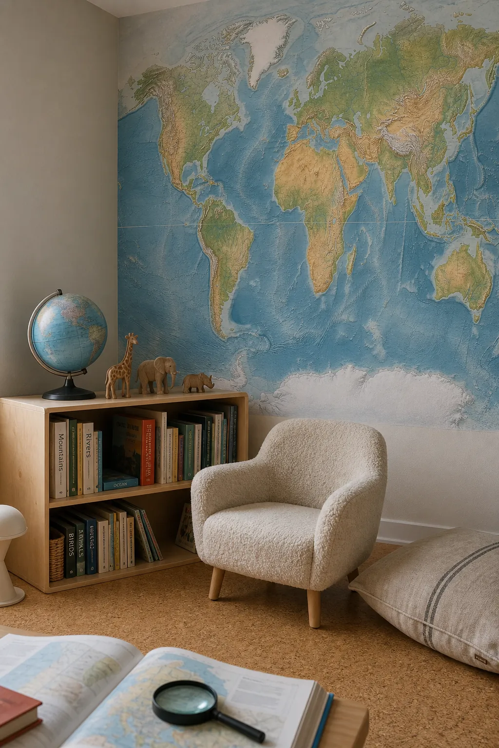 Physical world map mural beside a child-friendly playroom reading area